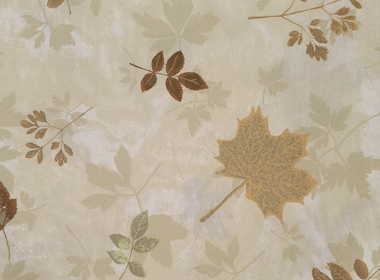 Concord Fabrics Inc - Tan Tonal Fabric / Brown and Green Leaf Pattern / Gold Metallic Glitter