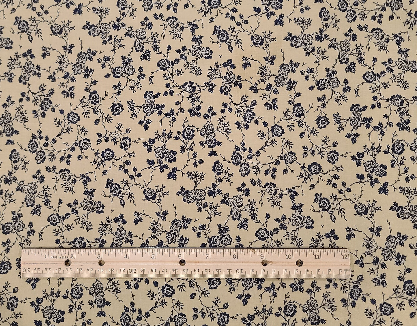 Classic Cottons/FCI - Tan Fabric / Midnight Blue French Colonial Flower Pattern