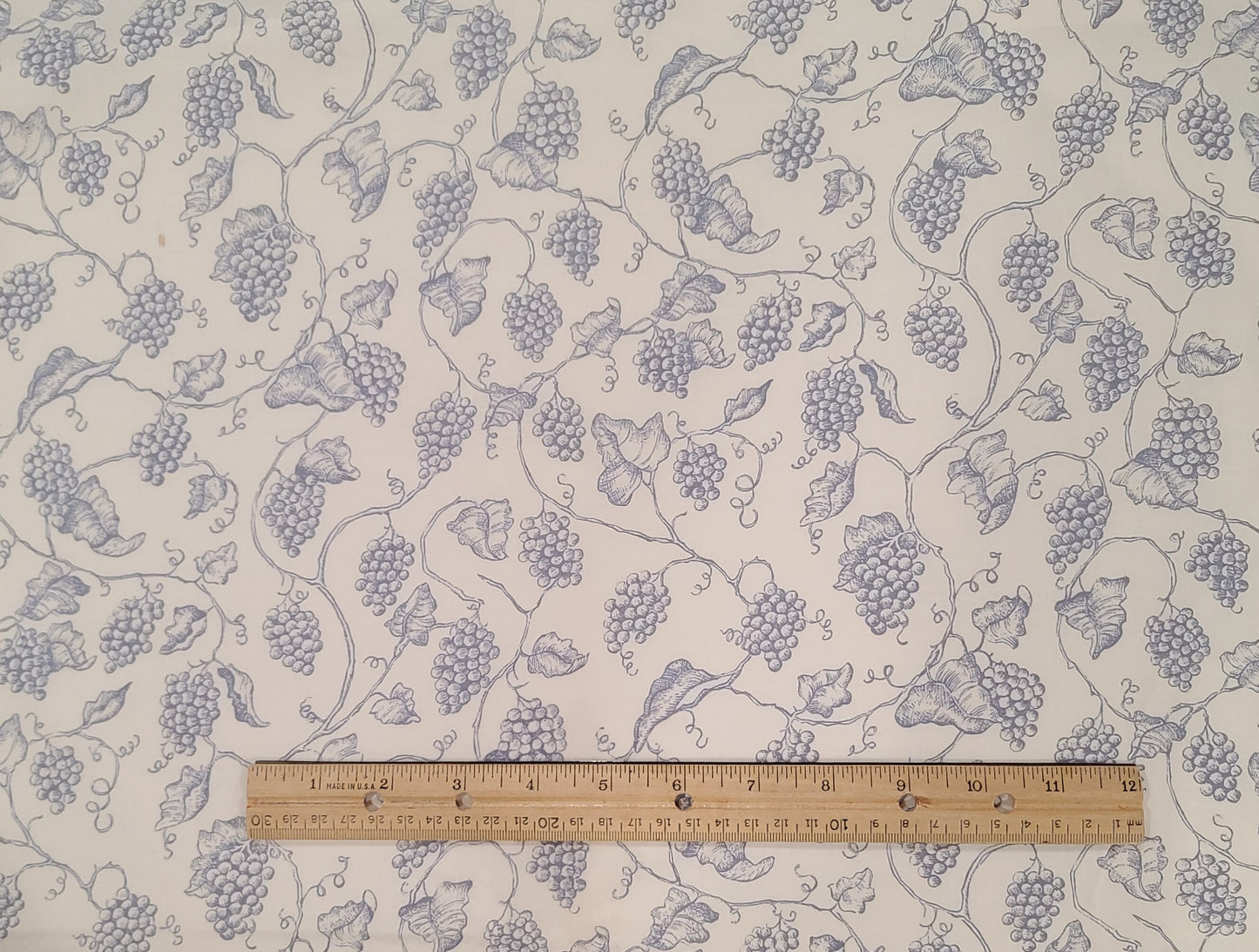 White Fabric / Dark Periwinkle Grape and Vine Print