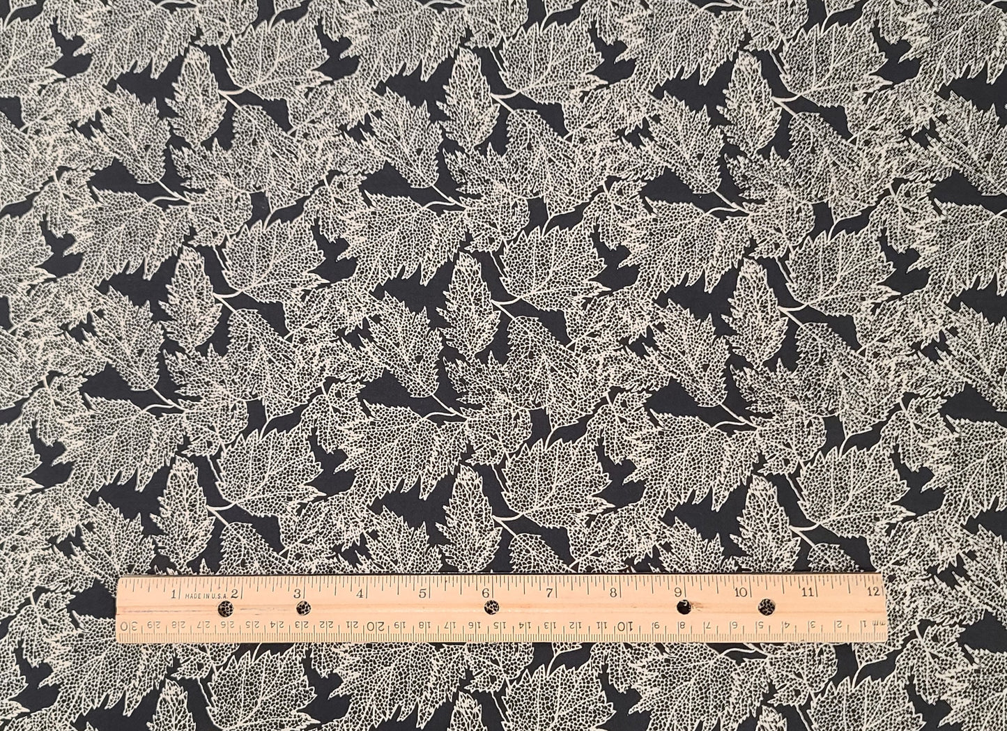 Black Fabric / Cream Lacey Leaf Print Fabric - Selvage to Selvage Print