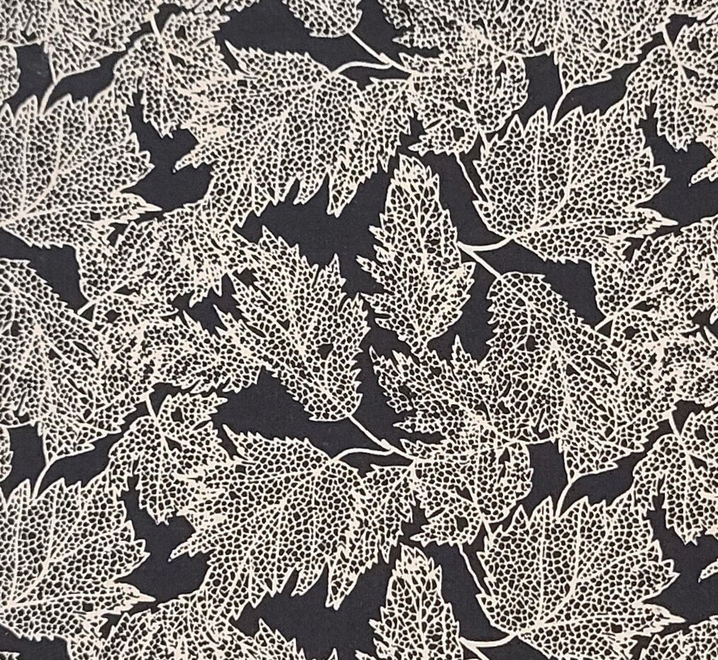 Black Fabric / Cream Lacey Leaf Print Fabric - Selvage to Selvage Print