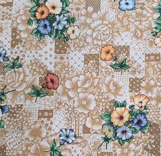 Designed by Humberto Padron VIP Fabrics Cranston Village - White, Tan, Light Brown Pattern Fabric / Coral, Light Blue, White Flower Print