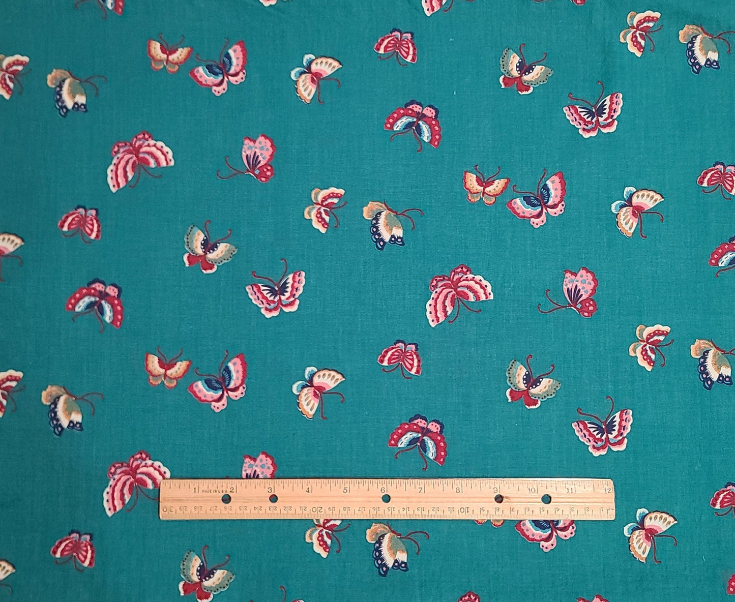 Joan Kessler for Concord Fabrics - Turquoise Fabric - White, Red, Blue, Gold Butterfly Print