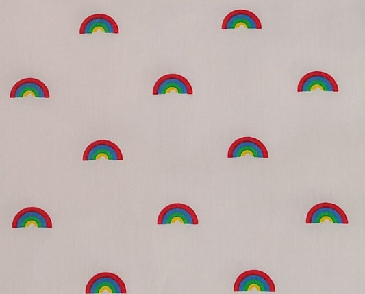 Weilwood Fabrics Inc - Fabric by FCI - White Fabric / Red, Blue, Green and Yellow Rainbow Print