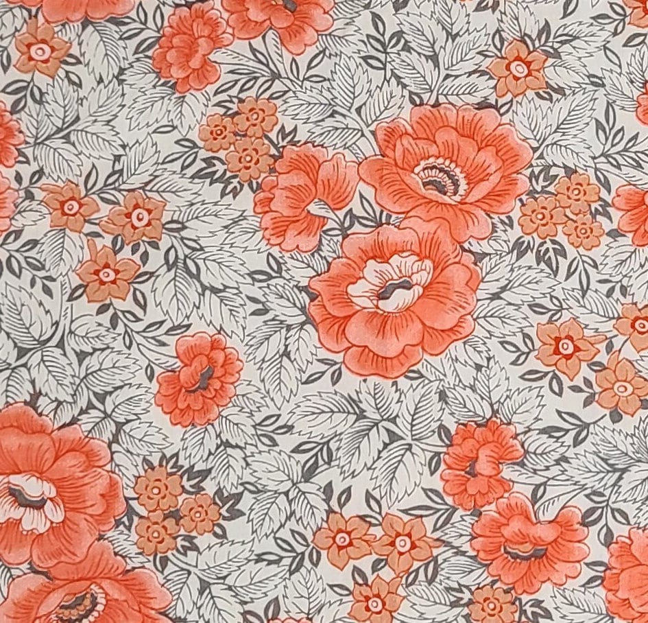 Manes Fabric Company - White, Gray, Coral and Pink Flower Print Fabric