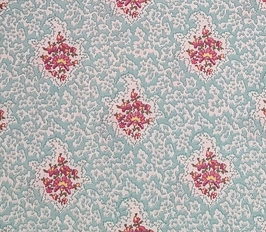 Quilt Country Collection "Emily" Waverly Screen Print - Light Aqua and White Fabric / Pink, Yellow and Green Scattered Bouquet Print