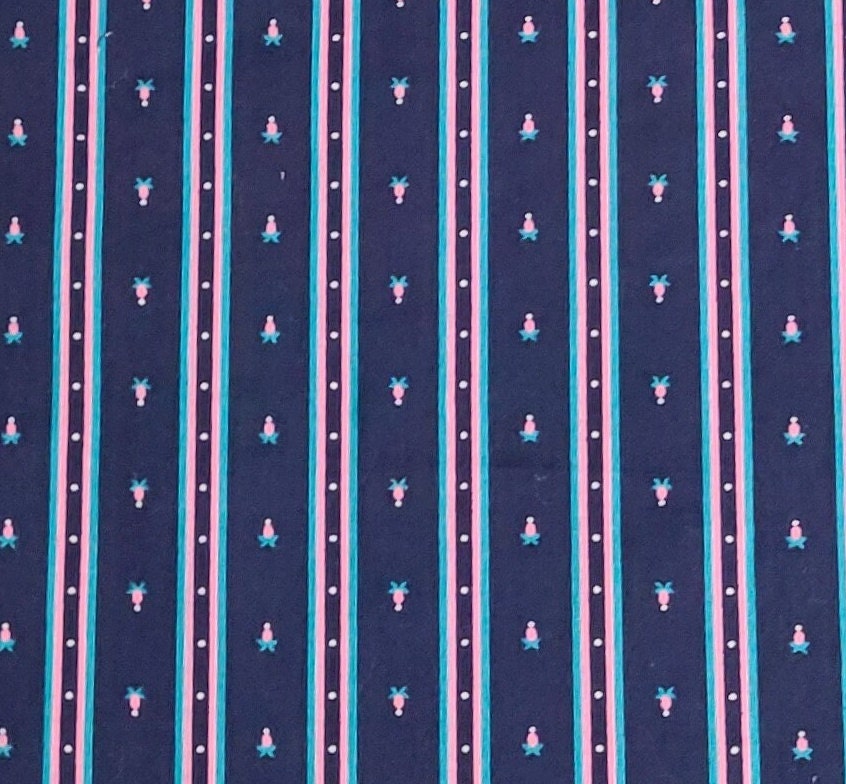 EOB - Dark Blue, Pink and Teal Border Stripe Fabric / Flower Print - Selvage to Selvage Print