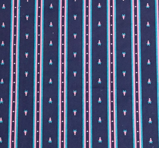 EOB - Dark Blue, Pink and Teal Border Stripe Fabric / Flower Print - Selvage to Selvage Print