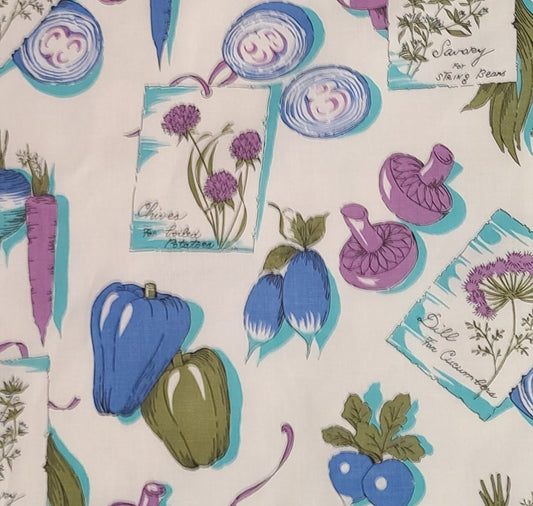 Vintage 38" WIDE White Fabric / Purple, Teal, Green and Blue Vegetables / Herb Seed Packet Print - Selvage to Selvage Print