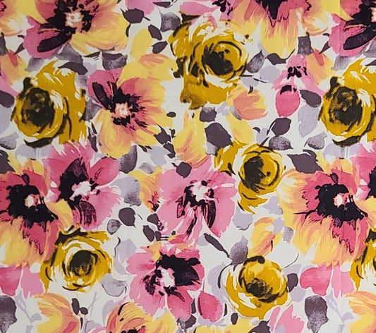 JoAnn Fabrics - White Fabric / Pink, Yellow, Gold, Pale Lavender, Light Purple Flower Print