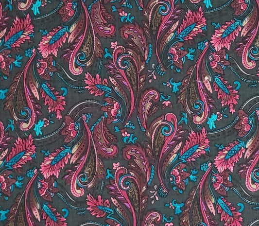 Woodblock by Hoffman California Fabrics - Evergreen Fabric / Magenta, Bright Blue and Pink Paisley Print