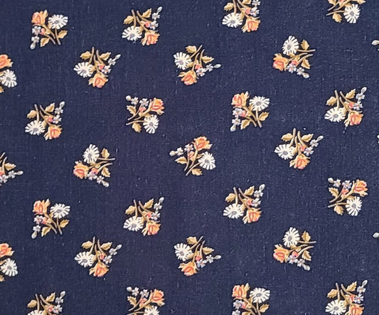 Dark Blue Fabric / White, Coral and Tan Tossed Bouquet Print - Selvage to Selvage Print