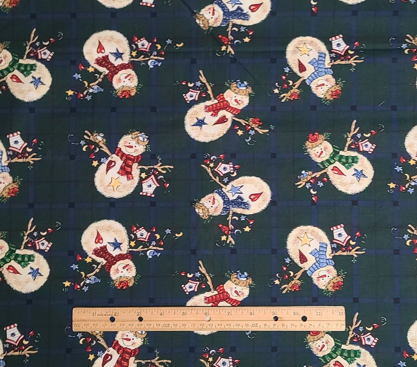 Dark Green, Blue and Red Plaid Fabric / Cartoon Snowman Print