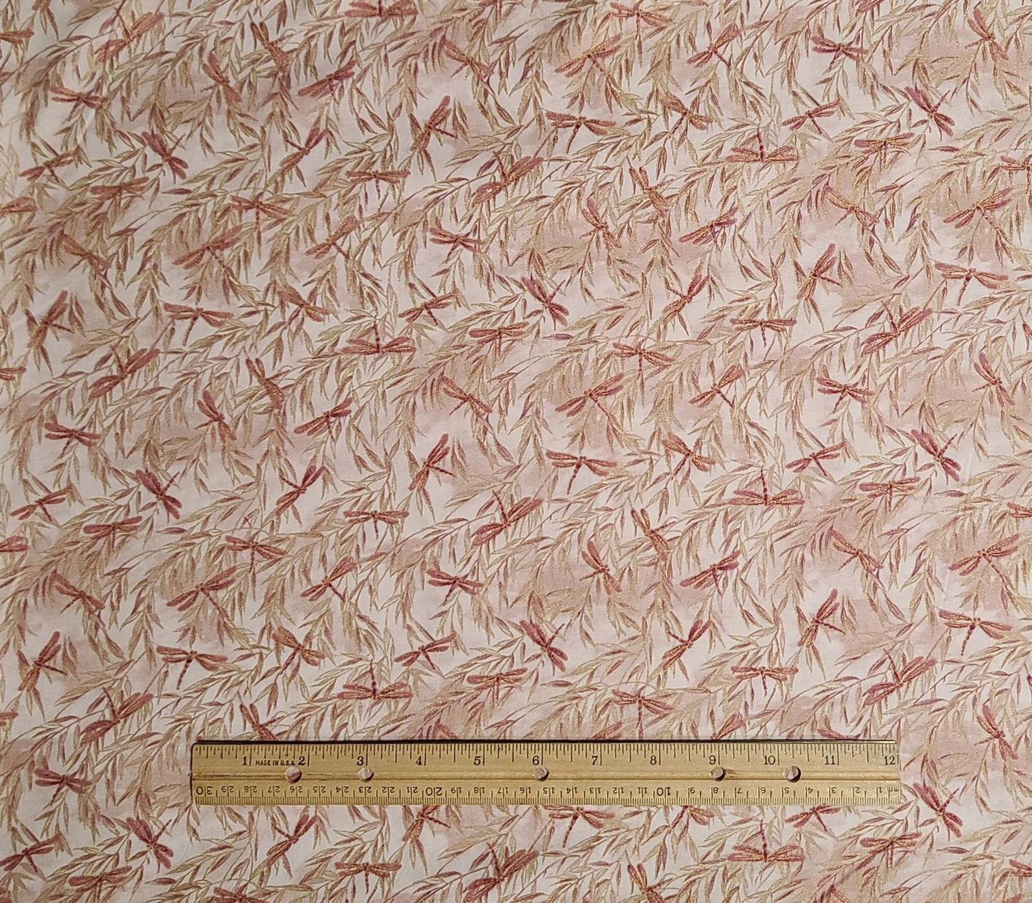 Bonsai Geisha #2088 by Ro Gregg Northcott - Pale Pink Tonal Fabric / Rose and Cream Dragonfly and Leaf Print / Gold Metallic Accents