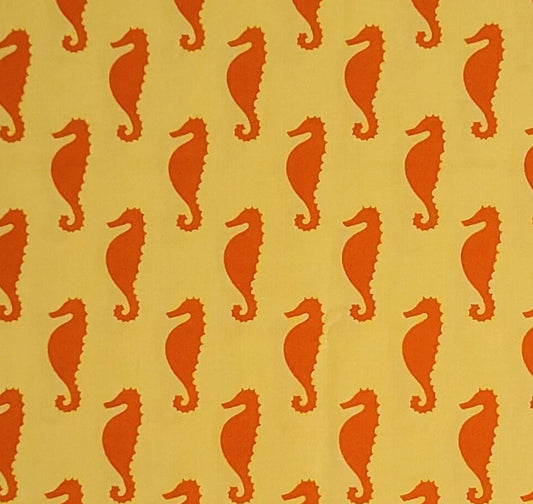 EOB - Sea and Sun Design #16274 Ann Kelle for Robert Kaufman - Yellow Fabric / Red/Orange Seahorse Print