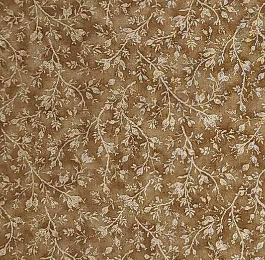 Holly Holderman #LH06036 Rose Bud Vine Lake House Dry Goods - Gold and Light Brown Tonal Fabric / Gold Metallic Leaf/Branch Print