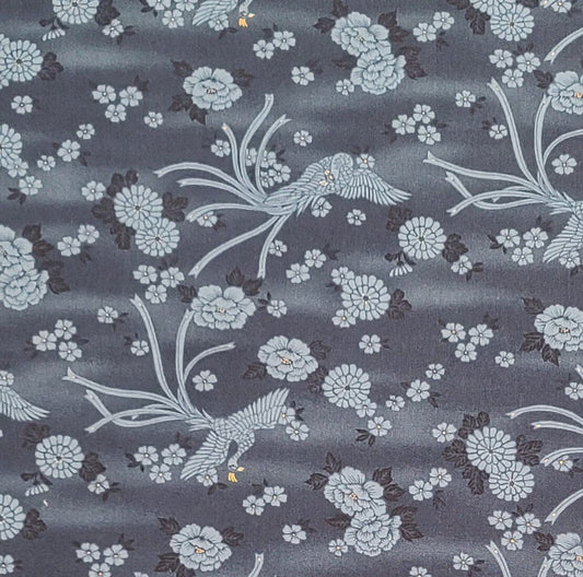 Kona Bay Fabrics 2007 Design NOBU-08 - Dark Blue Tonal Fabric / Tone-on-Tone Flower and Bird Pattern / Tiny Gold Metallic Accents