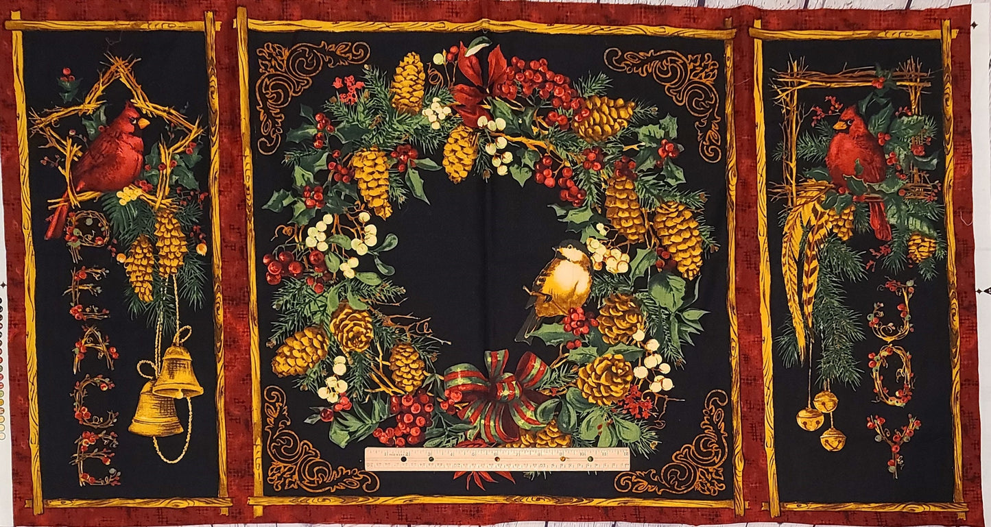 PANEL - Random Thoughts Anita Phillips Licensed to WP - Appr 23" x WOF - Black, Green, Red, Tan Christmas/Wreath 3-Part Fabric Panel