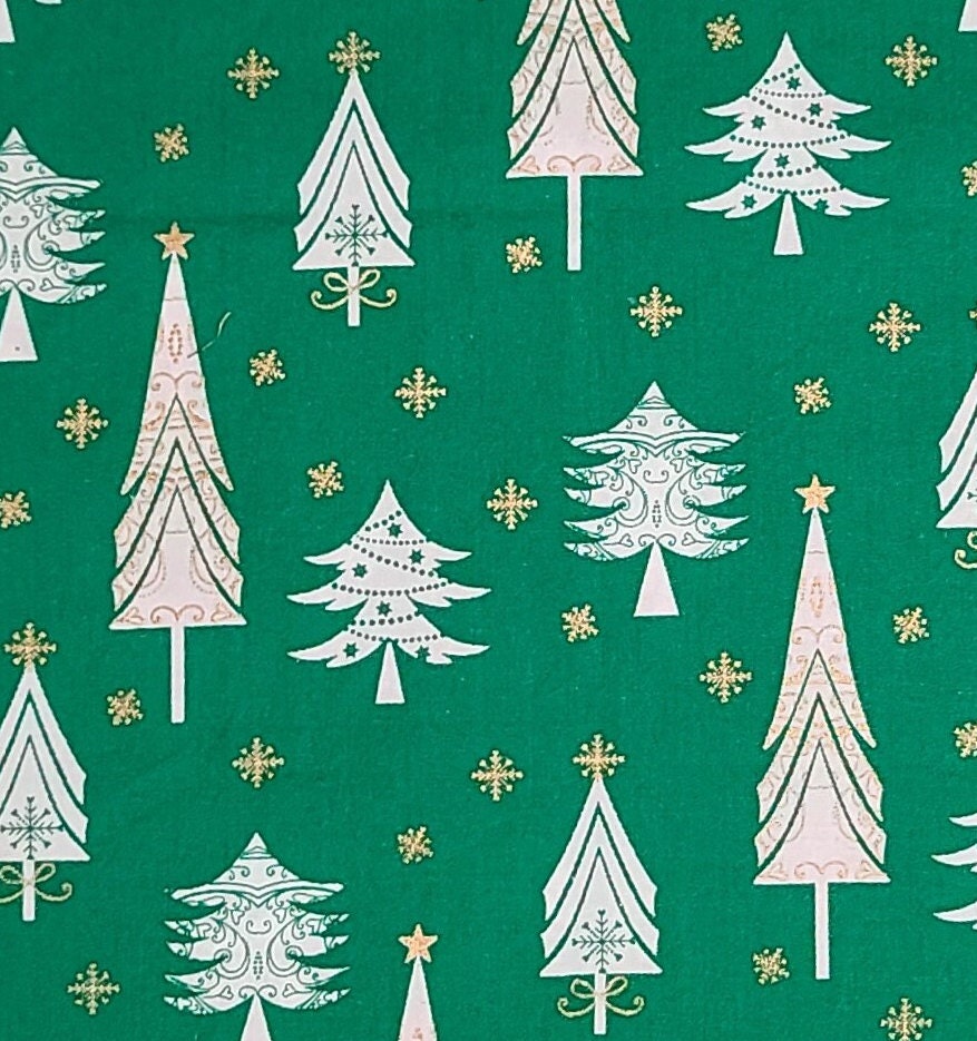 EOB - JoAnn Fabrics - Green Fabric / White Christmas Tree / Gold Metallic Accents / Snowflakes