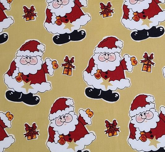 EOB - Tan Fabric / Red, Black and White Cartoon-Style Santa Print - Selvage to Selvage Print