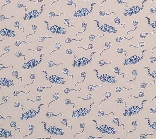 Springs Industries Inc - White Fabric / Dark Blue Cat and Yarn Ball Print