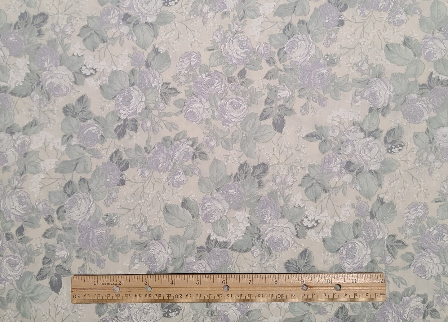 Concord Fabrics Inc by the Kesslers - Cream Fabric / White and Lavender Rose Print / Mint Green Leaves / Silver Metallic Accents