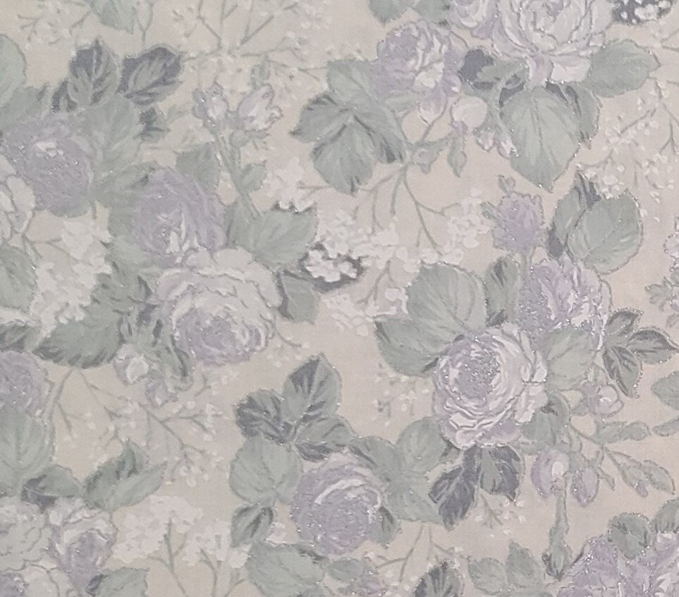 Concord Fabrics Inc by the Kesslers - Cream Fabric / White and Lavender Rose Print / Mint Green Leaves / Silver Metallic Accents