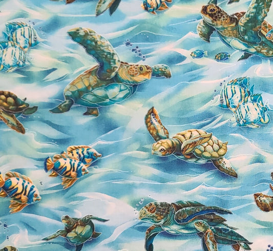 ABK North American Wildlife D#73543 - Green, Blue and White Ocean Print Fabric / Sea Turtle and Fish Print