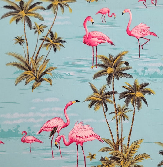 Trans-Pacific Textiles Ltd C NS-211 - Aqua Tonal "Water" Fabric / Flamingo and Palm Tree Print