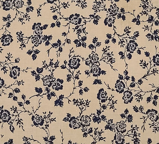 Classic Cottons/FCI - Tan Fabric / Midnight Blue French Colonial Flower Pattern