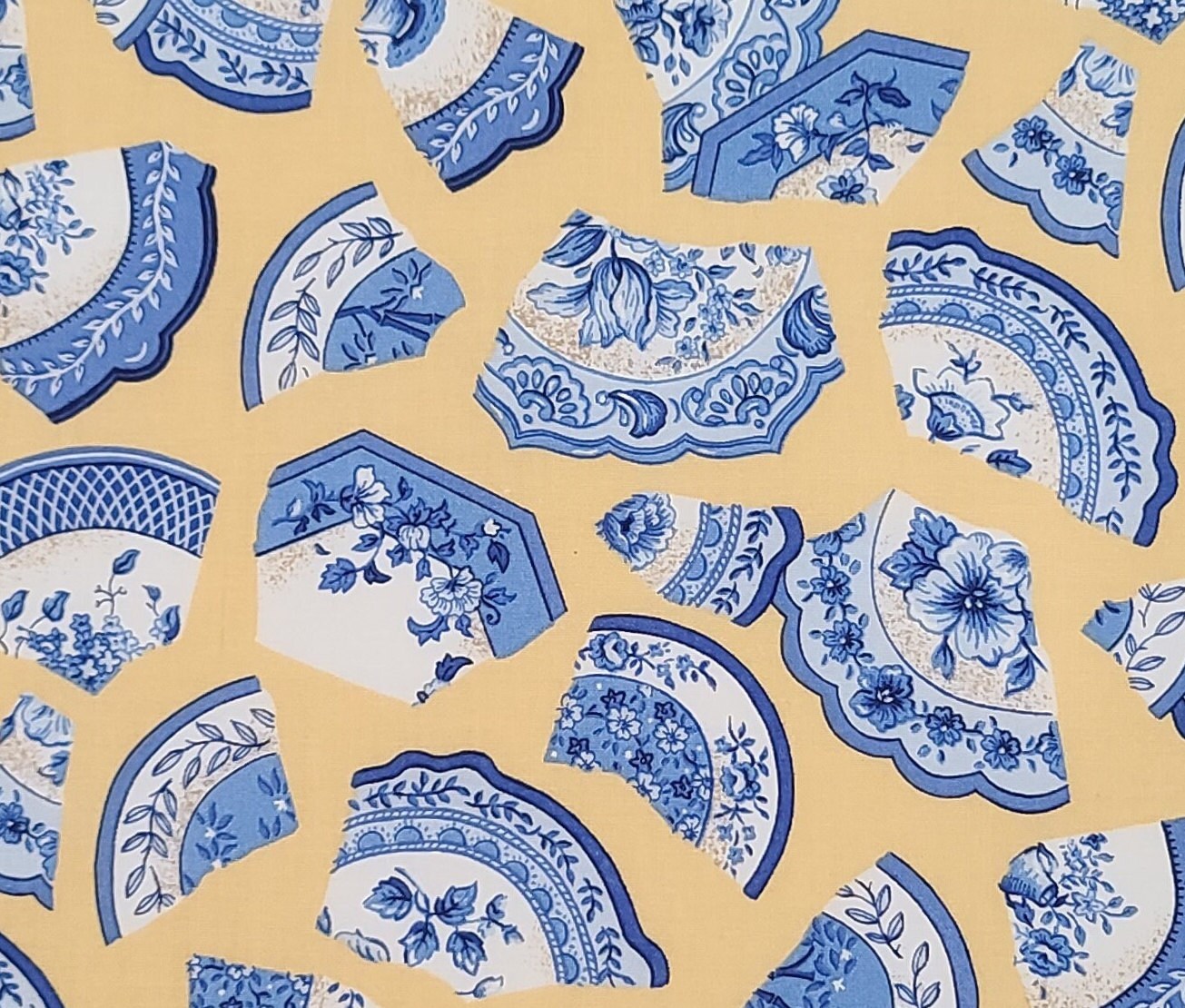 TAF Textiles Art & Film Inc - Light Gold Fabric / Blue and White "Delft" Pattern Broken Plate Print