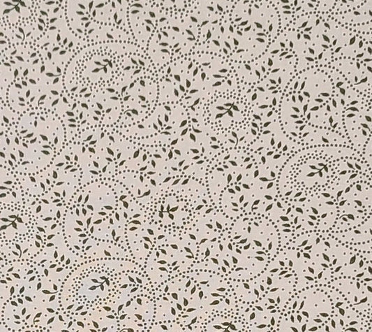 Cream Fabric / Dark Olive Leaf and Dotted Vine Print