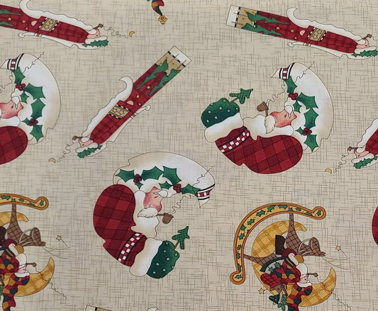 Quick as a Wink by Rebecca Carter for SSI - Tan Crosshatch Pattern Fabric / Red, Green and Gold Santa Print