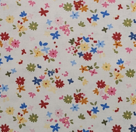 Sweet Garden by Fabri-Dash Quilt Inc PATT#112-2088 - White Fabric / Red, Pink, Olive, Blue and Pale Blue Flower Print