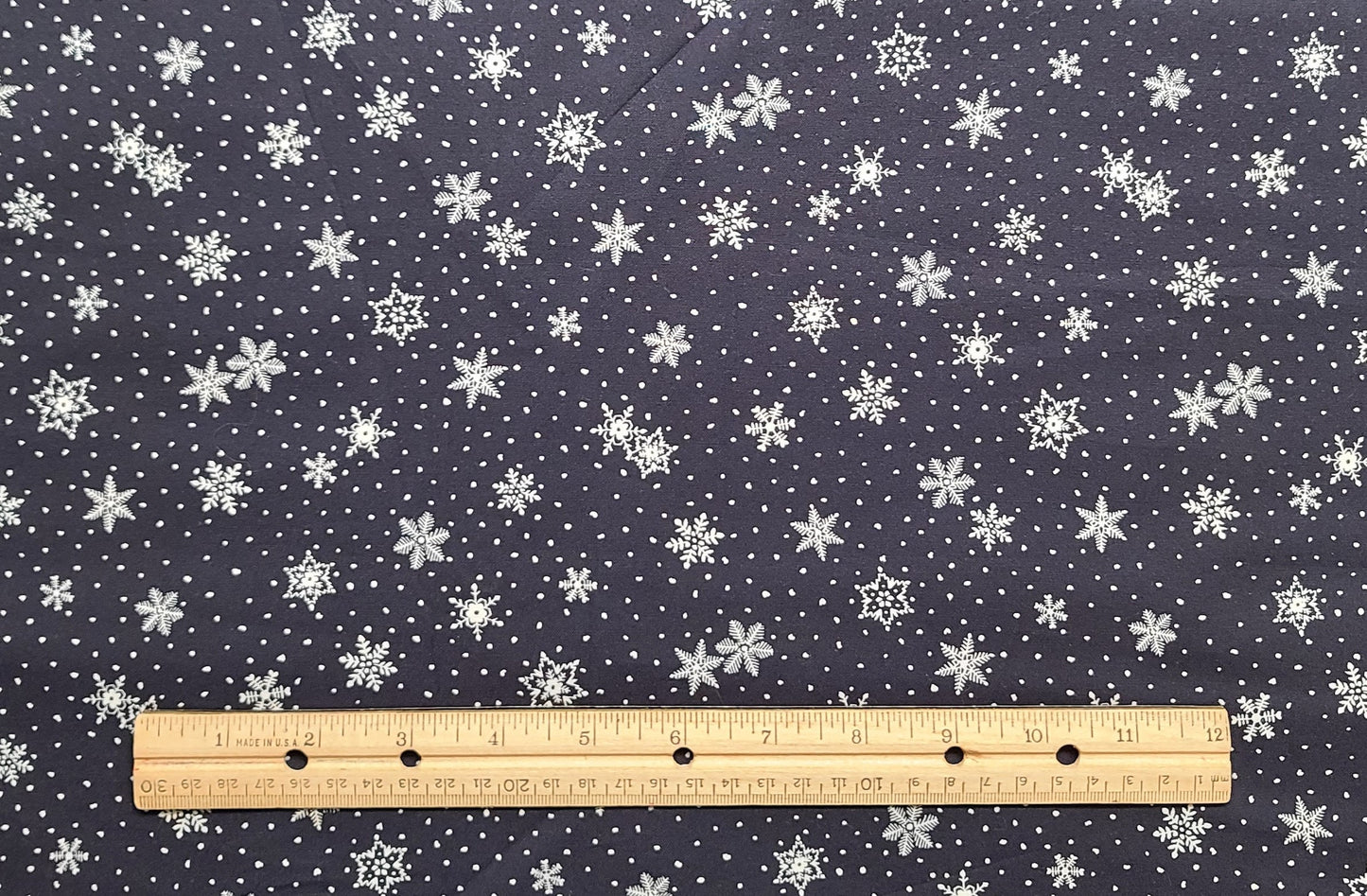 Midnight Blue Fabric / White Snowflake and "Snow" Print