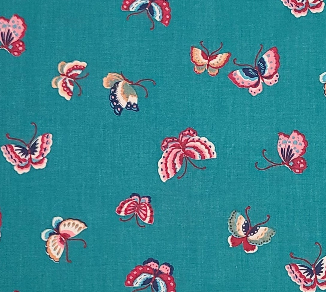 Joan Kessler for Concord Fabrics - Turquoise Fabric - White, Red, Blue, Gold Butterfly Print