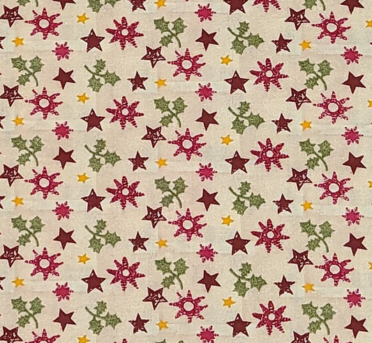 Cream Tonal Fabric / Maroon, Burgundy, Gold and Green Flower, Leaf and Star Print - Selvage to Selvage Print