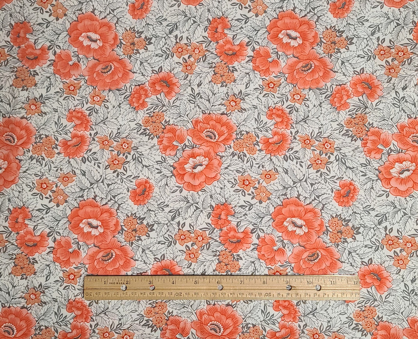 Manes Fabric Company - White, Gray, Coral and Pink Flower Print Fabric