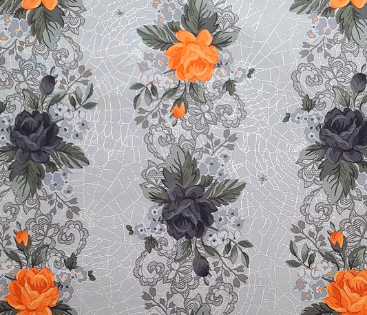 Web of Roses by Jera Brandvig for Maywood Studio Stripe Metallic Gray - Gray Floral Vertical Stripe Fabric / Black, Gray, Orange Flowers