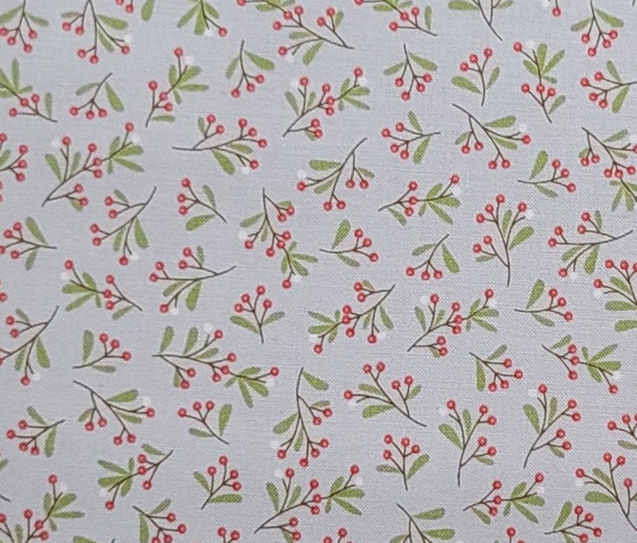 Cup of Cheer by Kimberbell for Maywood Studio Mistletoe-Gray - Pale Gray Fabric / Red, White Holly Stem / Bright Green Leaves