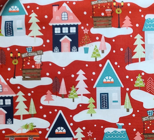 Cup of Cheer Kimberbell for Maywood Studio Christmas Neighborhood-Red - Red, White Cloud and Snowflake Fabric / Vertical Stripe Print