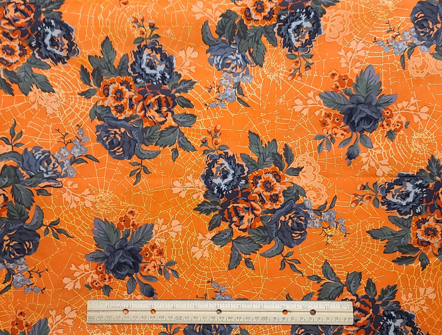 Web of Roses by Jera Brandvig for Maywood Studio Web of Roses - Orange Fabric/Gold Metallic Web/Slate, Gray, Red, Orange Rose/Floral Bouquet