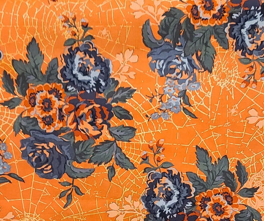 Web of Roses by Jera Brandvig for Maywood Studio Web of Roses - Orange Fabric/Gold Metallic Web/Slate, Gray, Red, Orange Rose/Floral Bouquet