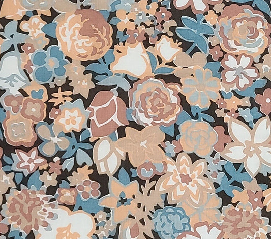 EOB - Peter Pan Fabrics Inc - Brown, White, Teal and Tan Retro Flower Print Fabric