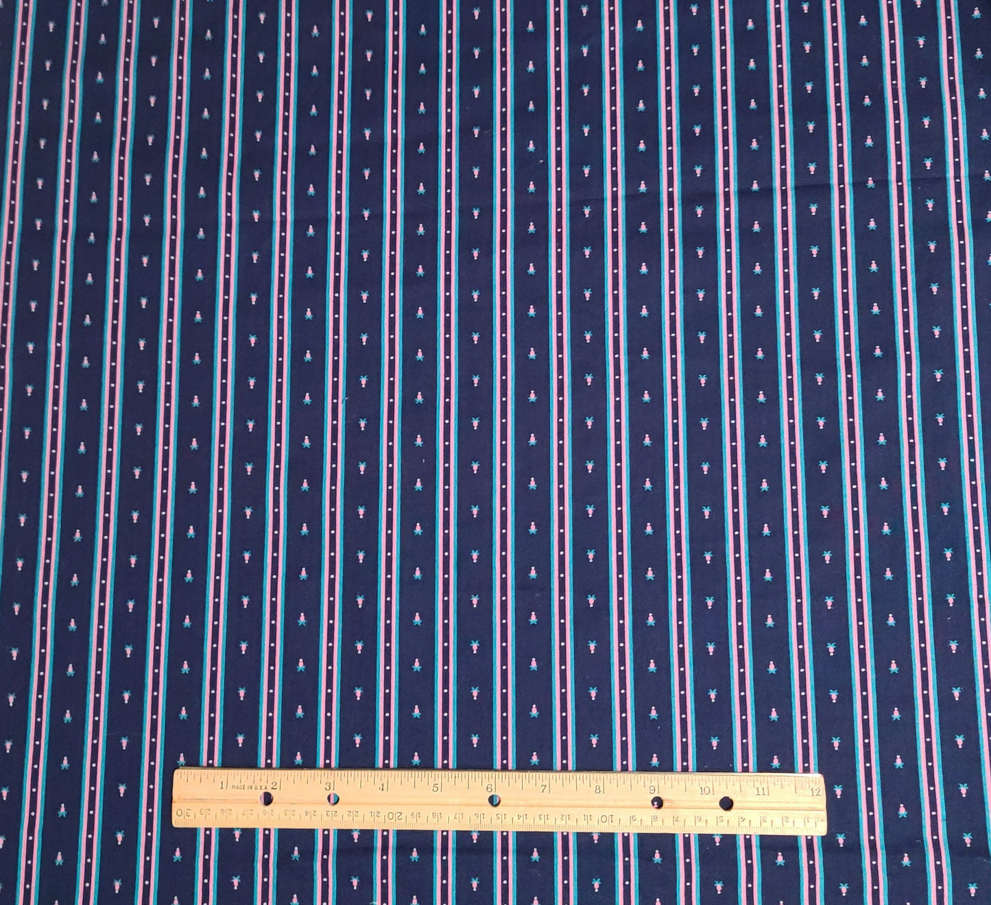 EOB - Dark Blue, Pink and Teal Border Stripe Fabric / Flower Print - Selvage to Selvage Print