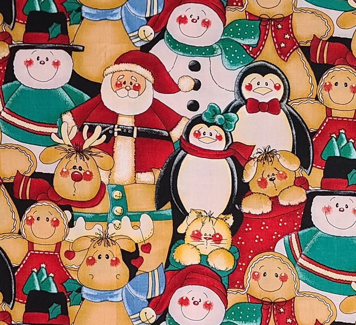 Rose Calton for Hi-Fashion Fabrics Inc 1999 D#RC-80 - Black, Red, White and Tan Santa, Snowman, Gingerbread, Penguin, Reindeer Print Fabric