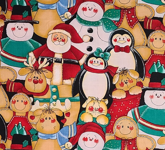 Rose Calton for Hi-Fashion Fabrics Inc 1999 D#RC-80 - Black, Red, White and Tan Santa, Snowman, Gingerbread, Penguin, Reindeer Print Fabric