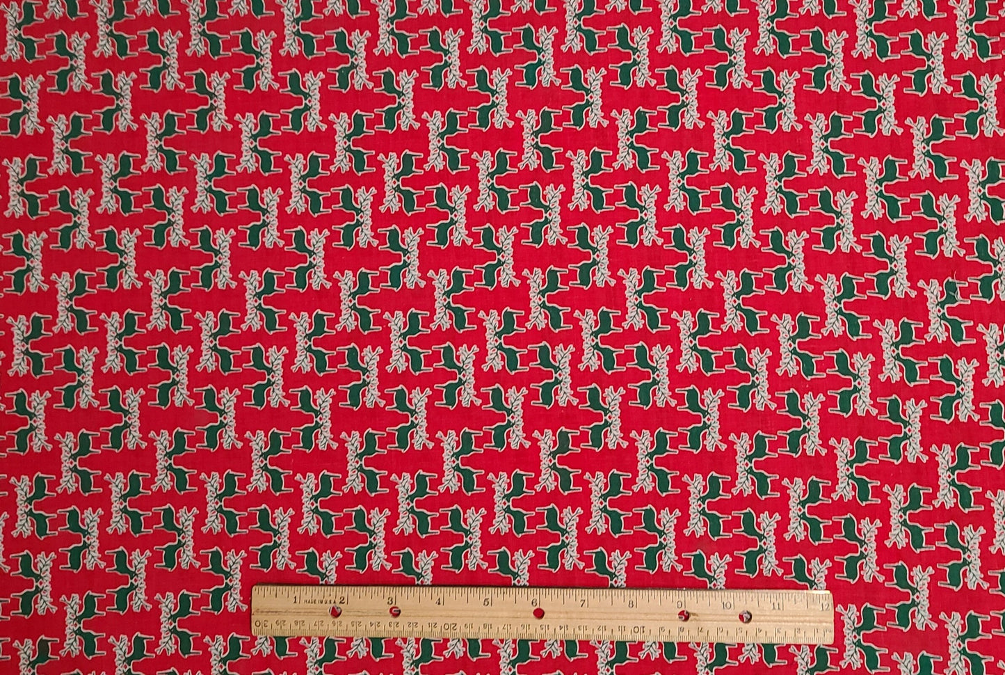 Red Fabric - Green and White Reindeer Silhouette Vertical Stripe (Parallel to Selvage) Print - Selvage to Selvage Print