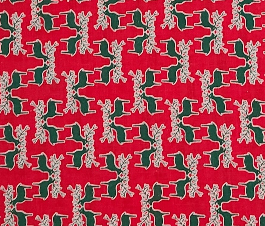 Red Fabric - Green and White Reindeer Silhouette Vertical Stripe (Parallel to Selvage) Print - Selvage to Selvage Print