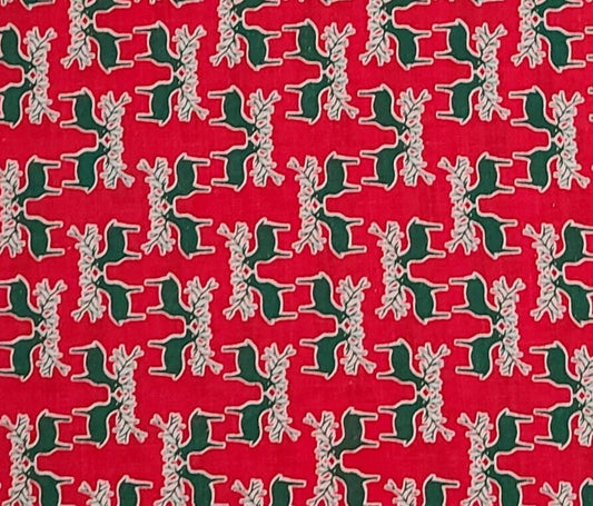 Red Fabric - Green and White Reindeer Silhouette Vertical Stripe (Parallel to Selvage) Print - Selvage to Selvage Print